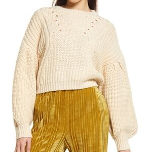 Topshop Cream Pointelle Knit Sweater Small Balloon Sleeve Chunky Pullover NWT